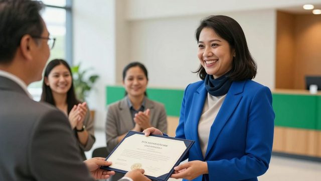 A graduate receiving a VYROX Education certification folder